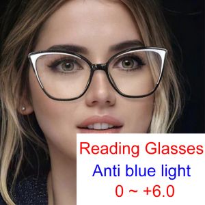 Linsen Vintage Brand Cat Eye Lesebrille Frauen weiß schwarzer Rand optisch verschreibungspflichtige Brille Rahmen neue blaue Lichtbrillen