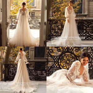 Dresses Party Romantic Flower Lace Wedding Dress Princess Bridal Gowns Long Sleeves V Neck Seethrough A Line Sweep Train 230328