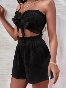 Vestidos de trabalho Sets de 2 peças roupas femininas calças Crepe costurando bordas plissadas Strappin e shorts de cintura do saco de papel para mulheres