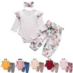 Setler Sonbahar Bebek Kız Giysileri Setler Moda Toddler Kıyafetler Uzun Kollu Üstler Çiçek Pantolon Kafa Bandı Sevimli 3 PCS Yenidoğan Bebek Giysileri