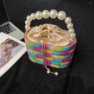 Kvällspåsar Luxury Glitter Rainbow Basket Bird Cage Pearl Metal Silk Satin Bucket Crossbody Bag Lady Handbag Totes