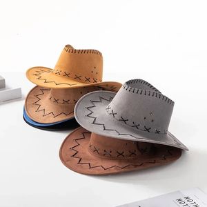 2024 Parent-Child Summer Travel Sunscreen Suede Leather Western Cowboy Hat Kvinnor Kids Big Wide Brim Sun Jazz Cosplay Cap W2 240415