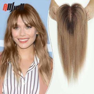 Toppers 14 Inches Hair Toppers for Women Brown Ombre Blonde Real Human Hair Silk Base Three Clips in Topper Hair Extension for Hair Loss