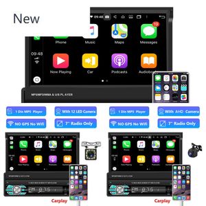 New Android Auto 1 Din Radio Tape Recorder Bluetooth Car Stereo Receiver 7" HD Retractable Screen Carplay Audio MP5 Player