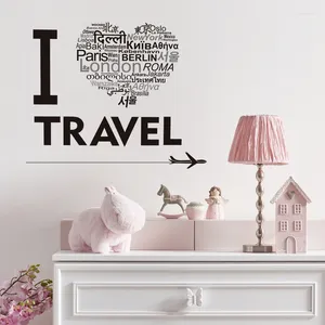 Adesivi da parete Black I Love Travel Testo multi-paese per la camera da letto soggiorno per bambini decorazioni rimovibili