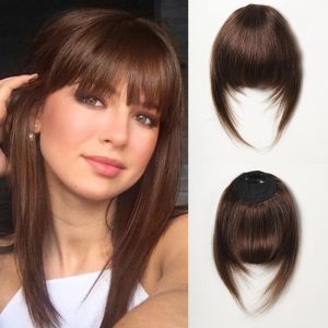 Bangs Brown Human Hair Bangs For Women Clip på franska lugg hårförlängningar för daglig slitage 100% Human Blunt Cut Wispy Bangs Hairpiece