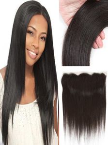 Brazilian Hair Straight 3 Weaves with Ear to Ear Lace Frontal Closure Unprocessed Peruvian Virgin Human Hair Weave Extensions Natu9714960