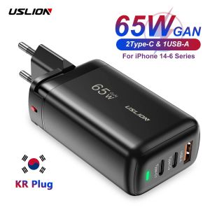 Chargers Uslion 65W Korea Plug USB Type C Gan Зарядное устройство для ноутбука PD Fast Charging для iPhone 14 13 12 Pro Macbook Samsung Adapter Adapter