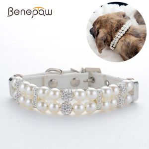 Collars Benepaw Fashion Pearl Dog Collot Crystal Rhinestone PU Collar per animali domestici regolabile per la festa di compleanno del matrimonio