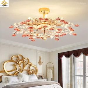 Żyrandole nowoczesne sufit LED Ceramika Różowe kwiaty kryształowe lampy wiszące wiszące dekoracje domowe żywe lampki jadalni.