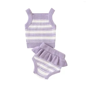 Kläder sätter 0-18m födda flickor kläder som sommarviolet fyrkantiga hals stickade randiga ärmlösa tankar rufsar shorts shorts
