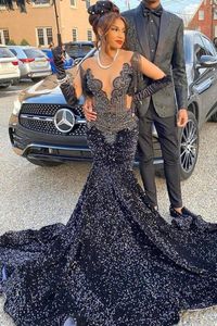Sparkle Navy Blue Sequined Crystals Mermaid Prom Dresses For Black Girls 2024 Evening Party Gowns Sheer Jewel Neck Beaded Vestidos Without Gloves