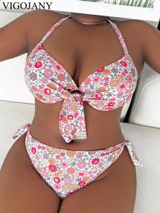 Menas de banho feminina Vigojany 2024 Imprimir Halter Plus Size Biquíni Conjunto Mulheres Push Up Up Swimsuit Hollo