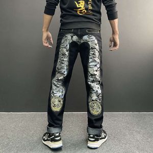Nowe wypalone spodnie ciemno umyte srebrne smok haftowane duże dżinsy m luźne luźne rozmiar wszechstronny Instagram 642245