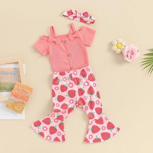 Kleidungsstücke Sets Säuglingsbaby Kleidung Rippen Hosenträger Kurzarm Strampler Blumen ausgestattet Hose Stirnband Set 3pcs Sommeroutfits