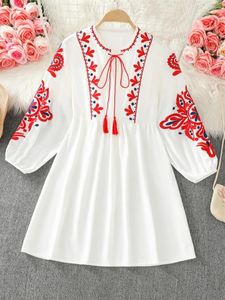 Casual Dresses Bohemian Dress For Women V Neck Lantern Sleeve Embroidered A-line Vocation Ethnic Style Retro Vestidos Summer Dropship