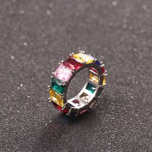 Hiphop Men's Micro Set Colorful Square Zircon Rainbow Ring