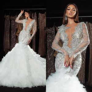 Gorgeous Tiered Mermaid Wedding Dresses Crystal Applique Beads Long Sleeve Bridal Gown Dubai Arabic Dress Vestido De Novia Sweep Train