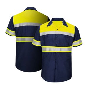 Roupas de dois tons de manga curta Camisa de trabalho de trabalho reflexivo de trabalho 100% algodão Amarelo Marinha de segurança