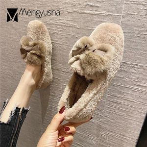 Casual Shoes Fur Bow-knot Loafers Woman Lambswool Flats Warm Plush Winter Women Slip On Cozy Moccasins Femme Plus Size 35-42