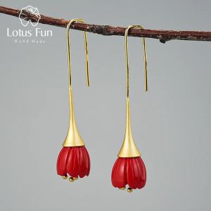 Ohrringe Lotus Spaß Real 925 Sterling Silber Red Koralle handgefertigt Designer Fein Schmuck Lilie der Valley Blumenstropfen Ohrringe für Frauen