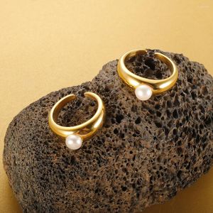 Cluster Rings Stainless Steel Trendy Baroque Style Freshwater Pearl Opening For Women Girl Daily Wear Ring Jewelry Gift