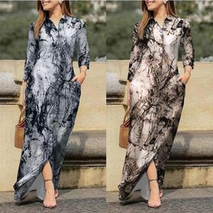 Casual Dresses Ladies Lapel V Neck Long Sleeve Prints Summer för kvinnor Plus Size -knappar Skjorta Maxi Elegant