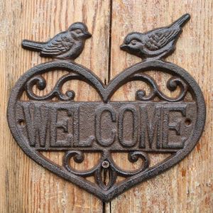 Decorative Figurines Rustic Heart Cast Iron Welcome Signs Plaques With Two Birds On European Home Garden Wall Decor Metal Hollow