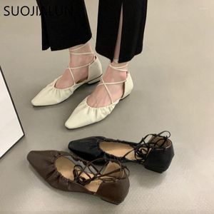 Casual Shoes Suojialun 2024 Summer Women Plat Fashion Pleated Ankle Lace Up Ballet Soft Ballerina Mujer