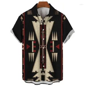 Men's Casual Shirts Women's Summer Short-Sleeved Ethnic Personality Design Printed Pattern Seaside Beach Lapel Button-Down Shirt Tops