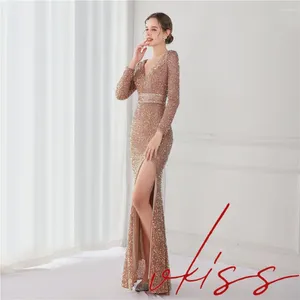 Party Dresses Vkiss 2024 Elegant Velvet Long Sleeve Evening V-Neck Floor Length Sexy Hight Slit Sequin Formal Prom Gowns Vestido