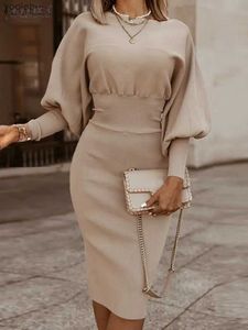 Basic Casual Dresses ZANZEA Elegant Women Pencil Dress Autumn Long Lantern Sleeve Bodycorn Sundress Stylish Solid Work OL Knee-length Vestidos KaftanL2403