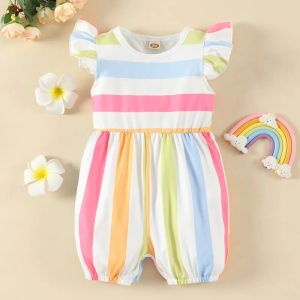 One-Pieces 2022 Neugeborenes Baby Kleidung Sommermädchen-Outfit Bunte Regenbogen gestreifte Fliegshülle Baby ROMPER COOL BABY ONTSUITEN 018M