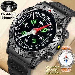2024 Smartwatch för män kompass utomhus robust 100+ sport 466*466 HD IP68 Vattentät bt Ring 450mAh Battery ficklampor klockor