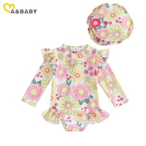 Costumi da bagno mababy 6m3y neonato neonato bambino bambina costumi da bagno stampa floreale con cerniera a manica lunga costumi da bagno+cappello da bagno da bagno da bagno