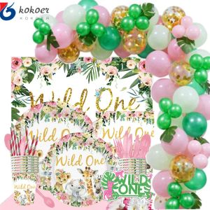 Футболки Pink Wild One Gutemday Party Balloon Jungle Safari Party Fare Forest Cerseration Girls Первый 1 -й день рождения сафари для вечеринок джунгли