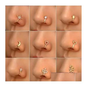 Nose Rings Studs Heart Moon Flower Copper For Women Non Piercing Gold Plated Clip On Cuff Stud Girls Fashion Party Jewelry 16 Styles D Dht3J