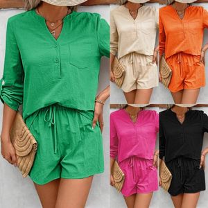 Women's Tracksuits Women Summer Solid Color Long Sleeve Shirt Shorts Two Piece Sets Fashion Casual Home Boho Outfits