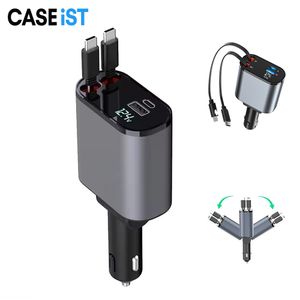 Caseist Retrável Carregador de carro 4 em 1 Rápido de 120w Charging Cabo PD Cabo USB Tipo C 2 Porta LED Digital Adaptador de isqueiro para iPhone Android Laptop