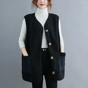 Women's Vests Big Size Lamb Wool Vest Women Sleeveless Jacket Single-breasted Pockets Warm Waistcoat High-end Outerwear Winter Clothes