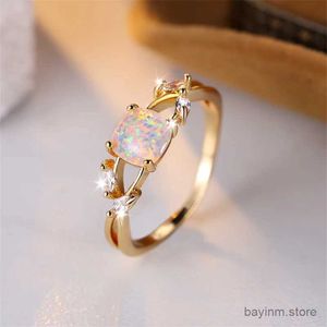 Wedding Rings Cushion Cut Square Rainbow White Fire Opal Rings For Women Gold Color Horse Eye Zircon Charm Leaf Wedding Bands Party Jewelry CZ