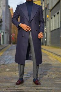 Jackets 2024 New Style Winter Formal Party Men Suit Navy Blue Double Breasted Chic Long Jacket Outdoor Spring Coat 1 Pieces