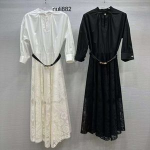 レディースドレスヨーロッパファッションブランド黒と白の綿バタフライパターンレーススタンドカラーハーフスリーブミディドレス