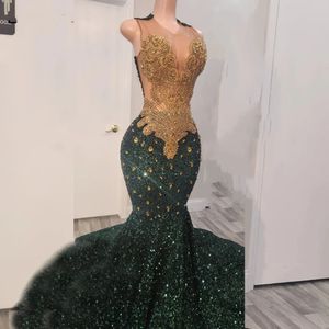 Emerald Green Sequin Prom Dress For Blackgirls Gold Rhinestones Beaded Formal Party Gala Gown Vestidos De Festa