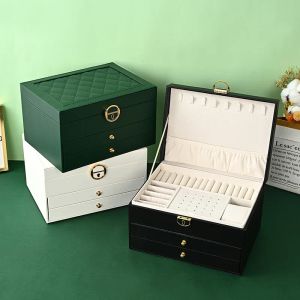 Fios 1pc Caixa de armazenamento de jóias de luxo com fechadura, caixa de exibição multicamada de couro PU para brincos de colar Brincho