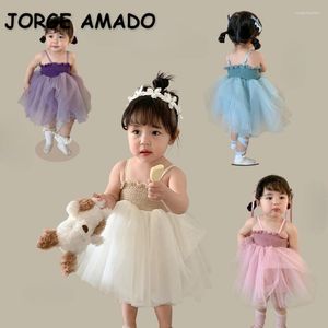 Mädchenkleider koreanische Sommermädchen -Mädchen Kleid Kinder Hosspannung Raucherfalten Solid Farb Mesh Tutu Prinzessin Rock A220