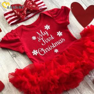 Jednoczęściowe Mababy 024m 1st Christmas Baby Girl Romper Nowonarodzony niemowlę maluch dziewczyna list Lace Ruffle kombinezon Xmas Costume D01