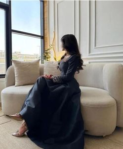 Elegant Black satin Formal Evening dresses Saudi Arabian women's beaded long sleeves crystal square neck ankle-length ball dress