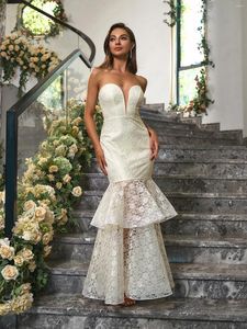 Party Dresses Angel-Fashions Kvinnor Axless V Neck Mermaid Hem White Lace Dress Elegant Maxi Long Formal Evening Wedding Bridal Clow