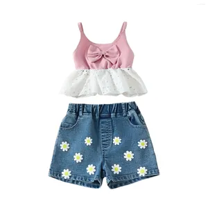 Mädchenkleider Kinder Kleinkind Baby Mädchen Frühlings Sommerbogen Krawatte Hoshause Daisy Print Denim Shorts Outfits Kleidung niedliche Kinder Kleidung